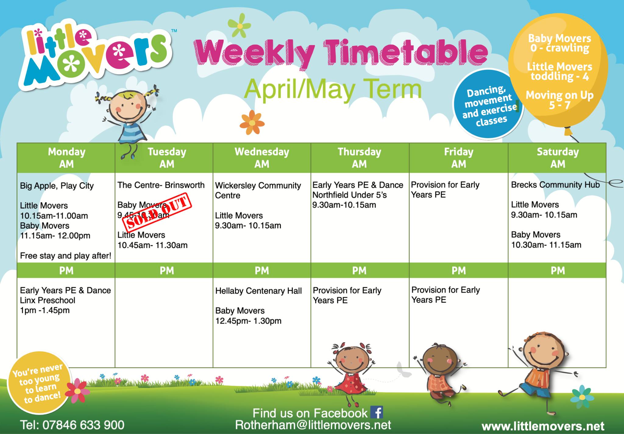 timetable showing the baby & toddler classes available in Rotherham